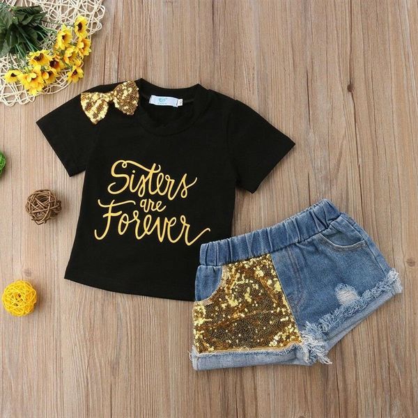 girls children clothing kids short sleeve letter print bow shoulder t shirts denim sequins shorts 2pcs outfits set clothes, White
girls children clothing kids short sleeve letter print bow shoulder t shirts denim sequins shorts 2pcs outfits set clothes, White