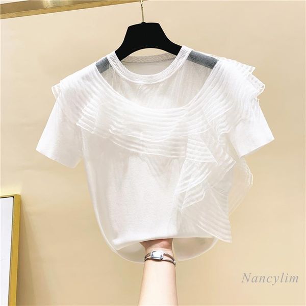 women's t-shirt mesh patchwork ruffled loose short sleeve for woman 2021 summer clothing design all-match white black
women's t-shirt mesh patchwork ruffled loose short sleeve for woman 2021 summer clothing design all-match white black
