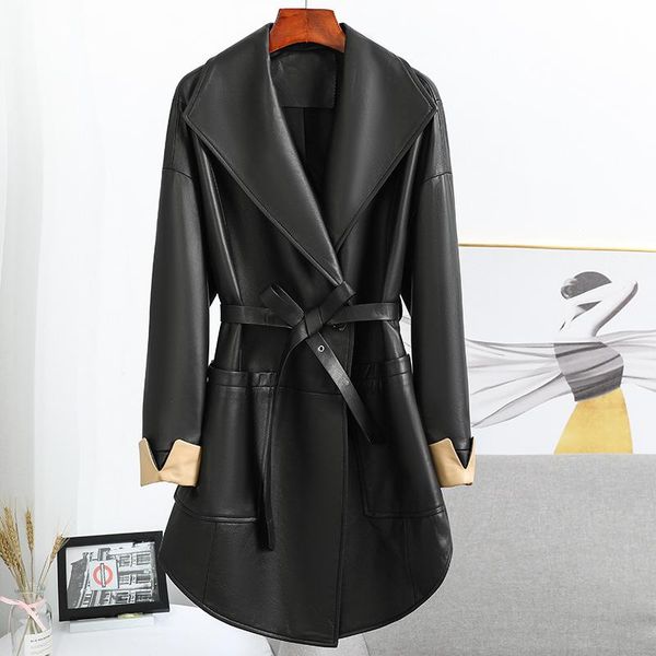 women's leather & faux color collision design lace-up waist-tight elegant suit collar sheepskin mid-length trench coat autumn jacket fo, Black
women's leather & faux color collision design lace-up waist-tight elegant suit collar sheepskin mid-length trench coat autumn jacket fo, Black