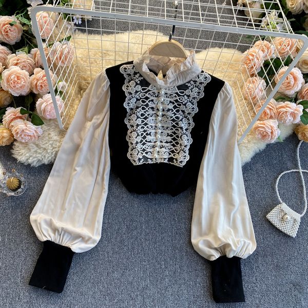 2021 women black patchwork beading blouse female ruffle collar lantern long sleeve embroidery lace fashion spring autumn vege, White
2021 women black patchwork beading blouse female ruffle collar lantern long sleeve embroidery lace fashion spring autumn vege, White