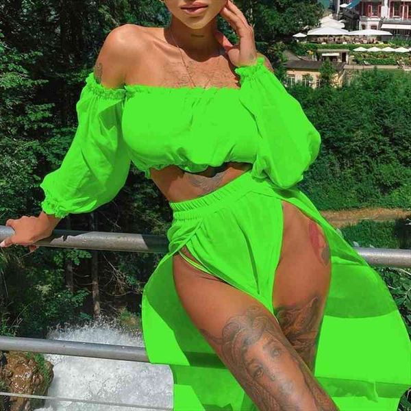 women two piece set bathing suit bikini cover ups off shoulder long sleeve crop split maxi skirt beach outfit, White;black
women two piece set bathing suit bikini cover ups off shoulder long sleeve crop split maxi skirt beach outfit, White;black