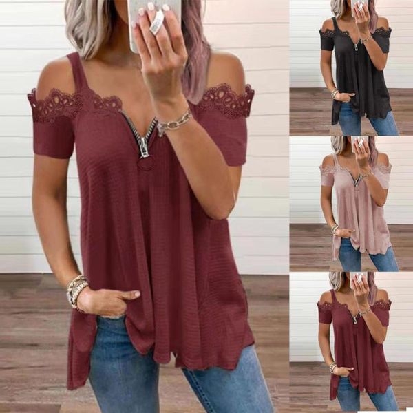 women's t-shirt fashion women summer solid color t-shirts mesh patchwork design lace zipper decor v-neck short sleeve casual loose pull, White
women's t-shirt fashion women summer solid color t-shirts mesh patchwork design lace zipper decor v-neck short sleeve casual loose pull, White