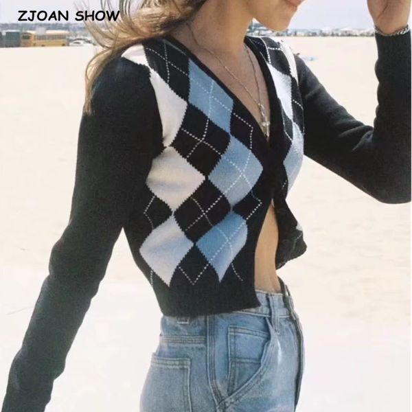 6 colors vintage rhombic plaid single breasted button cardigan retro sweater woman v-neck long sleeve jumper cropped knitwear 210218, White;black
6 colors vintage rhombic plaid single breasted button cardigan retro sweater woman v-neck long sleeve jumper cropped knitwear 210218, White;black