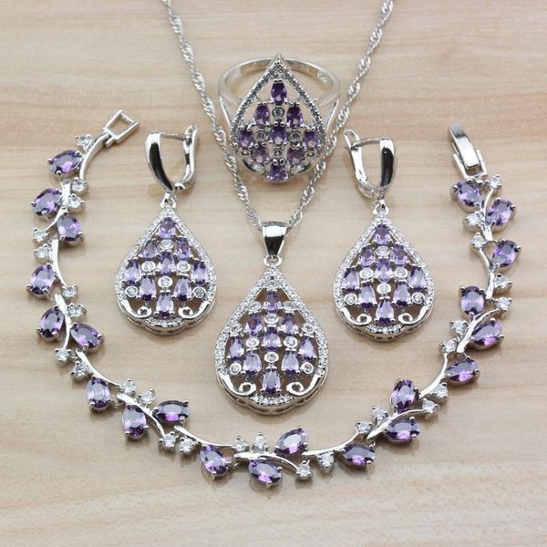 earrings & necklace silver color purple crystal cz romantic wedding party costume jewelry sets for women dangle bracelet and ring
earrings & necklace silver color purple crystal cz romantic wedding party costume jewelry sets for women dangle bracelet and ring