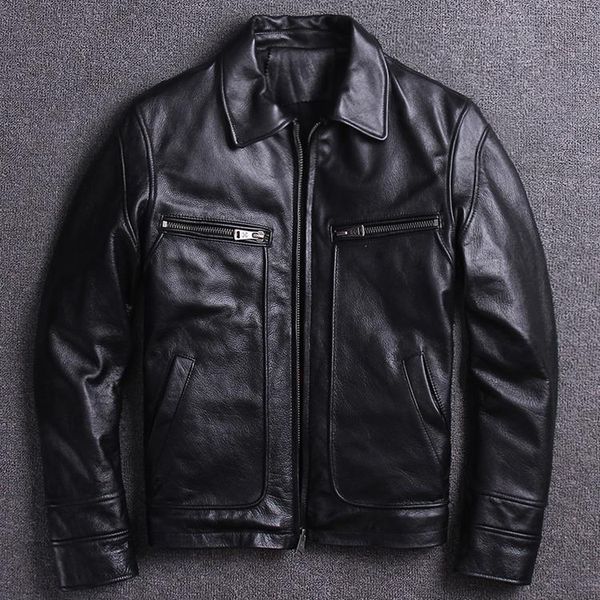 men's leather & faux amekaji retro vintage cowhide genuine jacket locomotive clothing lapel slim fit short classic autumn winter coat, Black
men's leather & faux amekaji retro vintage cowhide genuine jacket locomotive clothing lapel slim fit short classic autumn winter coat, Black