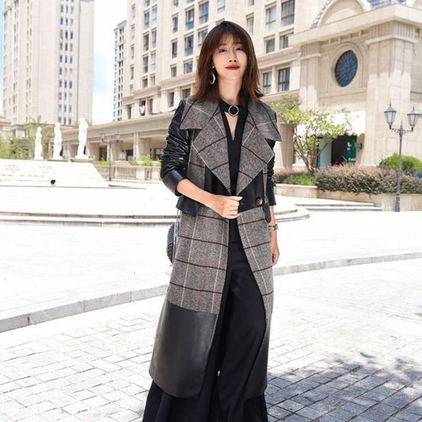 women's leather & faux woman splice long windbreaker coat fashion genuine plaid sheepskin jacket female elegant slim fit outerw, Black
women's leather & faux woman splice long windbreaker coat fashion genuine plaid sheepskin jacket female elegant slim fit outerw, Black