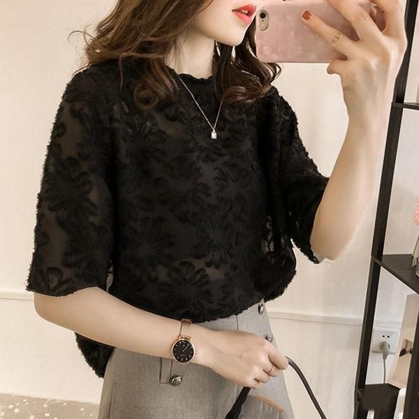 women's polos lace floral print shirts round neck loose five-sleeve chiffon summer hollow out, White
women's polos lace floral print shirts round neck loose five-sleeve chiffon summer hollow out, White