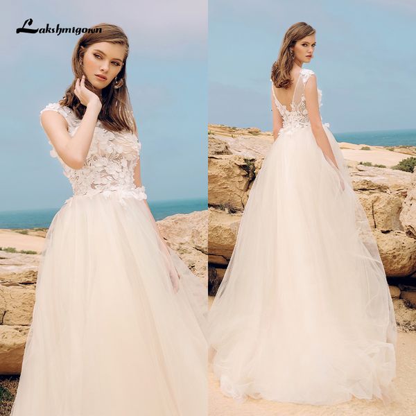 2021 new boho es 3d floral appliques lace a-line tulle wedding gown robe de mariee beach simple bridal vmgp, White 
2021 new boho es 3d floral appliques lace a-line tulle wedding gown robe de mariee beach simple bridal vmgp, White