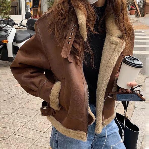 women's leather & faux nowsaa lamb fur coat brown jacket women 2021 winter integrated motorcycle suit loose street retro, Black
women's leather & faux nowsaa lamb fur coat brown jacket women 2021 winter integrated motorcycle suit loose street retro, Black