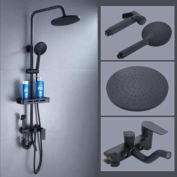 black rainfall shower faucet set adjustable bathroom round shower head water tap bathtub mixer faucet with storage shelf
black rainfall shower faucet set adjustable bathroom round shower head water tap bathtub mixer faucet with storage shelf