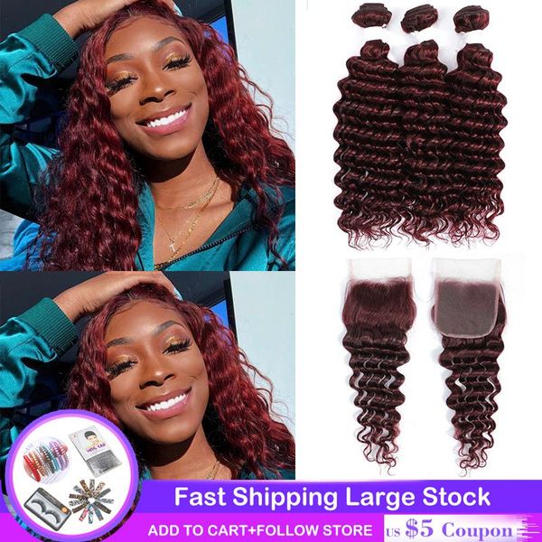 human hair bulks 99j/burgundy deep wave 3 bundles with closure 4x4 brazilian brown red weave remy kemy, Black
human hair bulks 99j/burgundy deep wave 3 bundles with closure 4x4 brazilian brown red weave remy kemy, Black