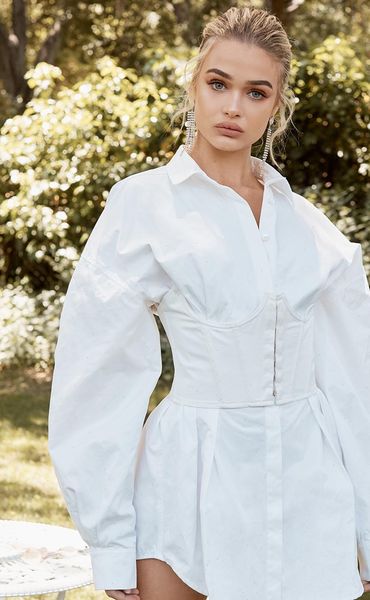 house white black cotton underbust corset white cinched waist shirt dress mini lady dress shirt waistband 2 pieces set
house white black cotton underbust corset white cinched waist shirt dress mini lady dress shirt waistband 2 pieces set