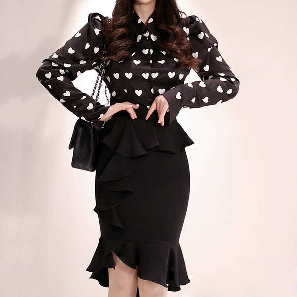 office wear 2 pieces set turn-down collar heart print blouses & bodycon ruffles skirt suits female autumn elegant women 210529, White
office wear 2 pieces set turn-down collar heart print blouses & bodycon ruffles skirt suits female autumn elegant women 210529, White