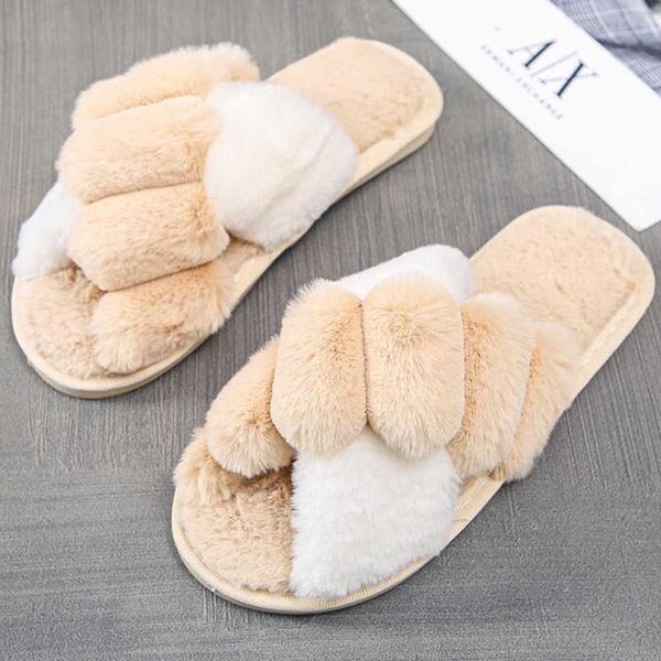 winter women fur slippers fashion cross band warm plush ladies fluffy shoes cozy open toe indoor fuzzy slides for girls qq734 210625, Black