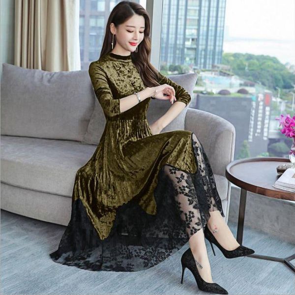 casual dresses spring and autumn fashion thickening base long sleeve temperament gold velvet stitching lace ladies high waist dress, Black;gray
casual dresses spring and autumn fashion thickening base long sleeve temperament gold velvet stitching lace ladies high waist dress, Black;gray