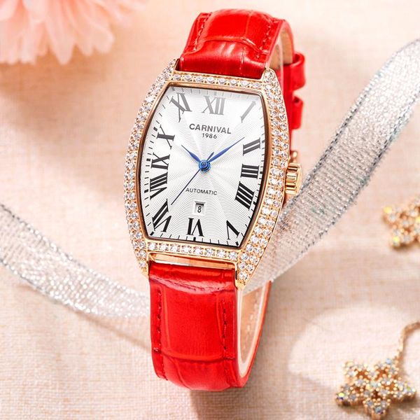 wristwatches genuine carnival watch women's mechanical full automatic fashion leather diamond style wine barrel 8857, Slivery;brown
wristwatches genuine carnival watch women's mechanical full automatic fashion leather diamond style wine barrel 8857, Slivery;brown