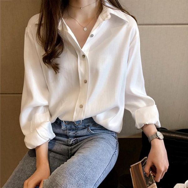 office solid color long sleeve womens shirts turndown collar button up loose shirt, White
office solid color long sleeve womens shirts turndown collar button up loose shirt, White