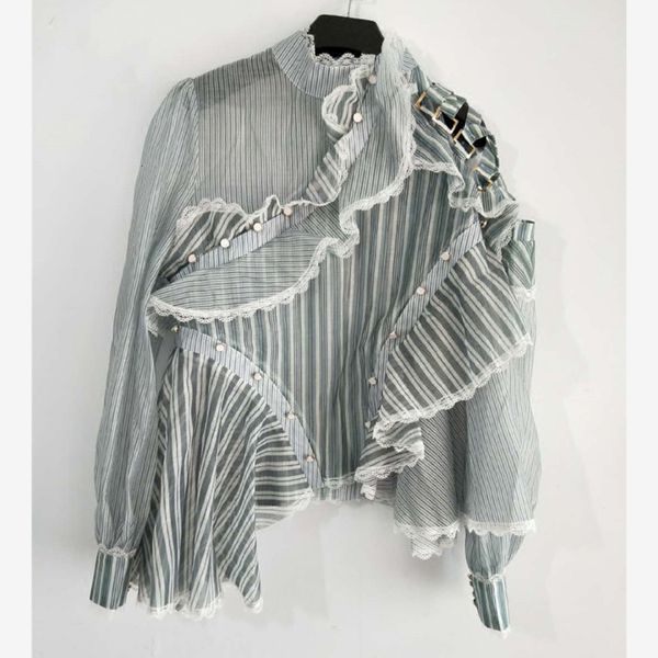 2021 high street new fashion designer runway women's long sleeve striped asymmetrical ruffles blouse shirt nkbg, White
2021 high street new fashion designer runway women's long sleeve striped asymmetrical ruffles blouse shirt nkbg, White