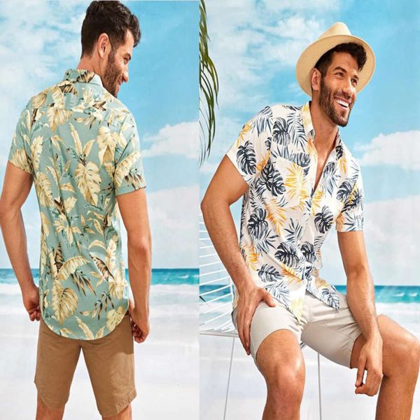 shirtssummer men's lapel casual print cardigan short sleeve shirt, White;black