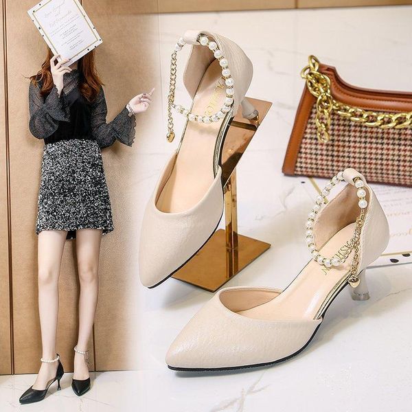 dress shoes women's shallow mouth pointed high heels fashion pearl rhinestone anklet heel single tide, Black 
dress shoes women's shallow mouth pointed high heels fashion pearl rhinestone anklet heel single tide, Black