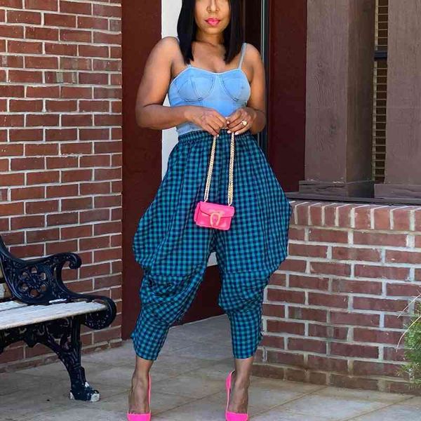 casual plaid baggy pants high waist chic streetwear trousers 210702, Black;white