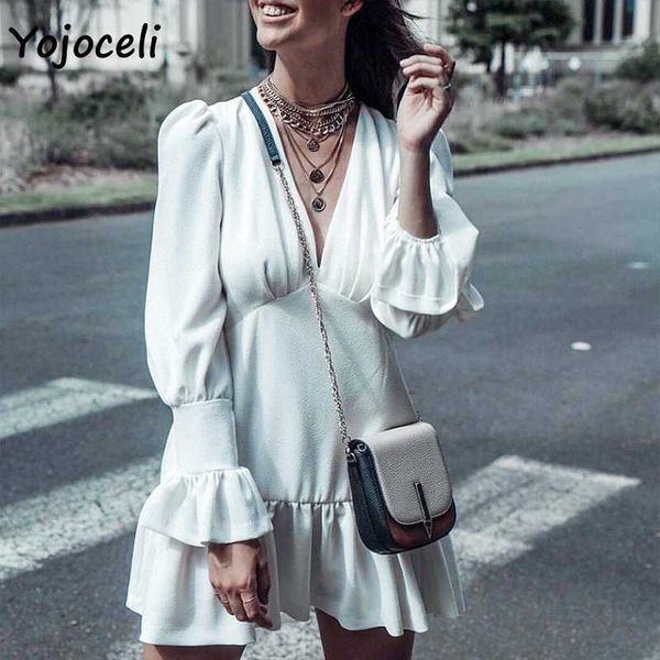 yojoceli v neck flare sleeve ruffle dres white chiffon party club day female vestidos 210609, Black;gray 
yojoceli v neck flare sleeve ruffle dres white chiffon party club day female vestidos 210609, Black;gray