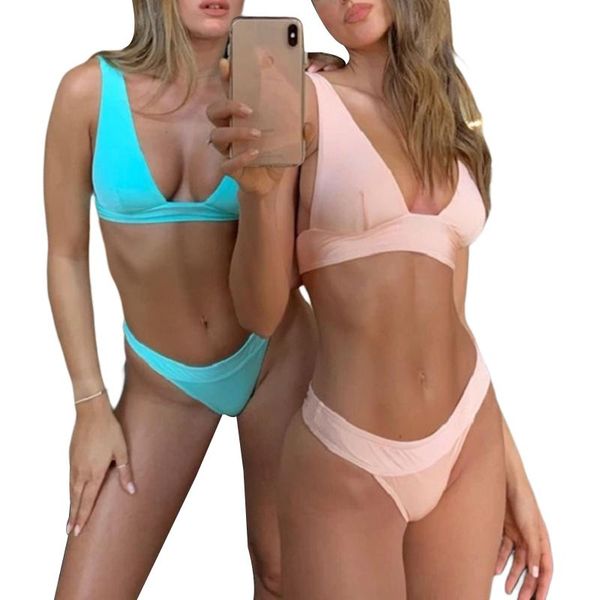 women's swimwear 2pcs solid color bikini suit, deep v-neck split style halter with triangle bottom for beach/swimming, White;black
women's swimwear 2pcs solid color bikini suit, deep v-neck split style halter with triangle bottom for beach/swimming, White;black