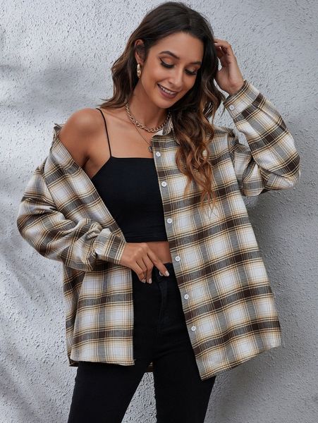 plaid print drop shoulder blouse m4xd#, White 
plaid print drop shoulder blouse m4xd#, White