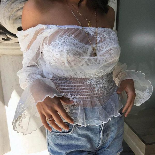 women's blouses & shirts summer see-througt blouse casual floral tulle off shoulder long sleeve crop ladies women clothing, White
women's blouses & shirts summer see-througt blouse casual floral tulle off shoulder long sleeve crop ladies women clothing, White