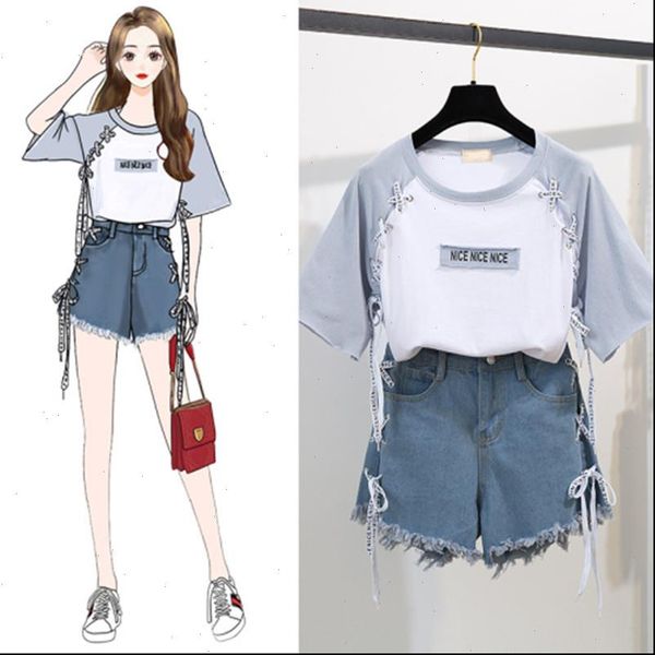 2021 summer girl leisure tether print cotton t shirt cross tie letter hole tassel denim shorts two piece womens sweet suit, Gray
2021 summer girl leisure tether print cotton t shirt cross tie letter hole tassel denim shorts two piece womens sweet suit, Gray