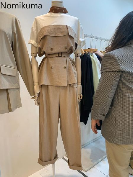 women's two piece pants nomikuma korean women pant sets hit color patchwork short sleeve + high waist long belt slim elegant suits 6g14, White
women's two piece pants nomikuma korean women pant sets hit color patchwork short sleeve + high waist long belt slim elegant suits 6g14, White