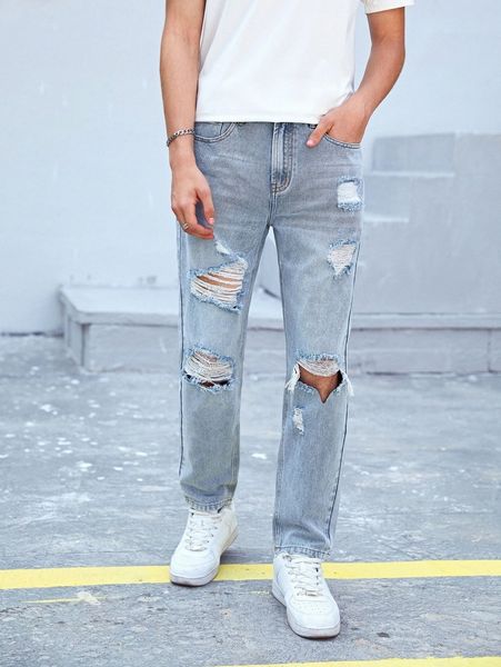 men ripped straight leg jeans p0a1#, Blue