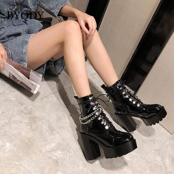 byqdy chains woman ankle boots round toe thick heels women lace up patent leather short boots punk platform shoes droship u8sr#, Black
byqdy chains woman ankle boots round toe thick heels women lace up patent leather short boots punk platform shoes droship u8sr#, Black