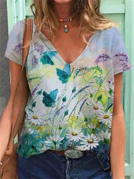 women's t-shirt v-neck casual cozy 2021 fashion butterfly print lady clothes short sleeve t-shirts loose top, White 
women's t-shirt v-neck casual cozy 2021 fashion butterfly print lady clothes short sleeve t-shirts loose top, White