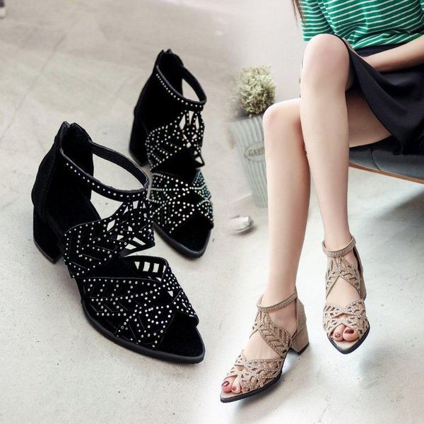 sandals summer style women's shoe big size thick heel water drill hollow fish mouth zipper back, Black
sandals summer style women's shoe big size thick heel water drill hollow fish mouth zipper back, Black