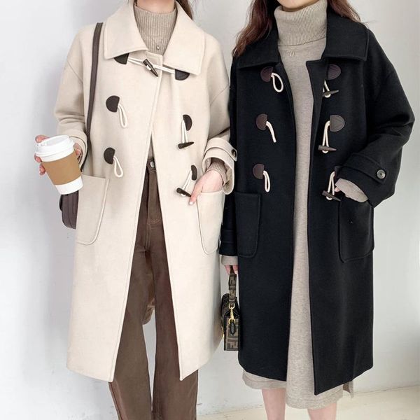 women's wool & blends vintage beige loose long coat autumn winter women horn button woolen overcoat female outerwear, Black
women's wool & blends vintage beige loose long coat autumn winter women horn button woolen overcoat female outerwear, Black
