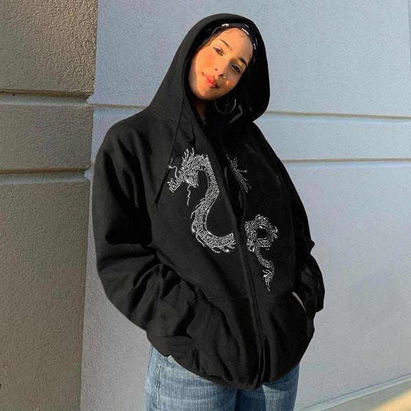 women's hoodies & sweatshirts causal dragon pattern rhinestone sweatshirt women hooded long sleeve loose zipper coat 2021 hip hop stree, Black
women's hoodies & sweatshirts causal dragon pattern rhinestone sweatshirt women hooded long sleeve loose zipper coat 2021 hip hop stree, Black