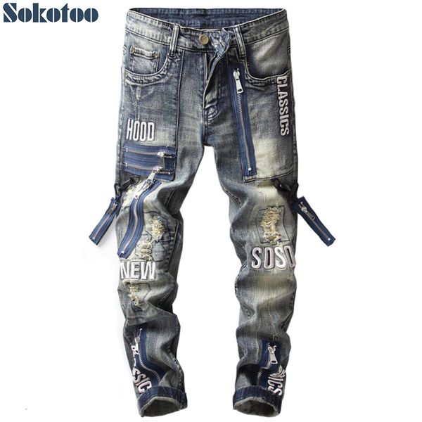 fashion jeans sokotoo men's vintage zippers patch ripped slim straight letters embroidery patchwork distressed denim pants, Blue
fashion jeans sokotoo men's vintage zippers patch ripped slim straight letters embroidery patchwork distressed denim pants, Blue