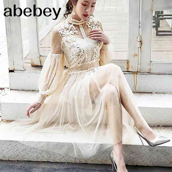 women fashion dress stand collar lantern sleeve mesh dress see-through lace embroidery fairy dress femme vestidos robe 210630, Black;gray
women fashion dress stand collar lantern sleeve mesh dress see-through lace embroidery fairy dress femme vestidos robe 210630, Black;gray
