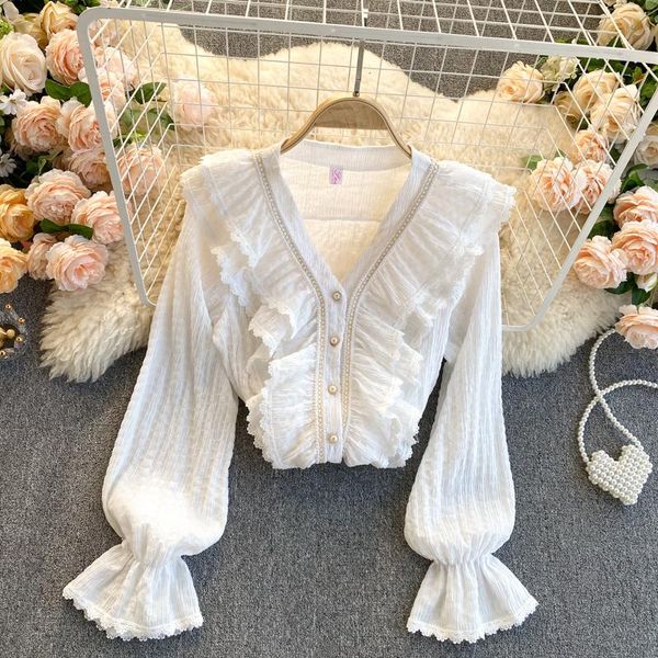 women's blouses & shirts 2021 spring autumn style loose fashion ruffled flared sleeves v-neck lace shirt temperament blouse women, White
women's blouses & shirts 2021 spring autumn style loose fashion ruffled flared sleeves v-neck lace shirt temperament blouse women, White