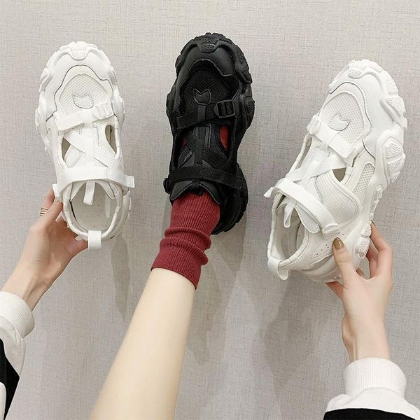 women's lace-up thick bottom hollow mesh shoes fashion mesh breathable and comfortable sports casual shoes, Black