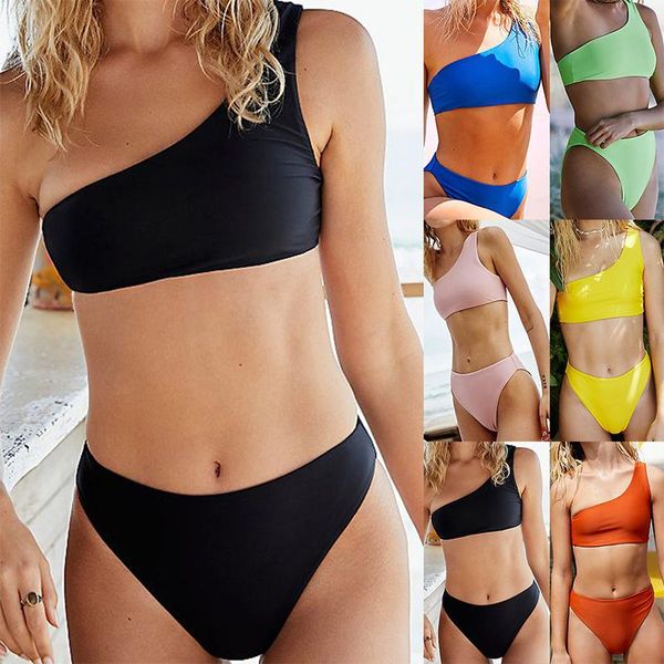 women's swimwear one shoulder bikinis set high waist swimsuit women solid color bandeau biquini bathing suits summer beachwear, White;black
women's swimwear one shoulder bikinis set high waist swimsuit women solid color bandeau biquini bathing suits summer beachwear, White;black