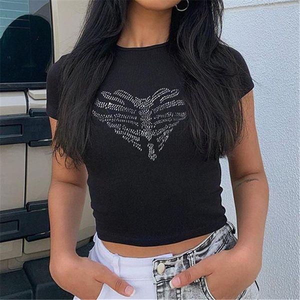 women's t-shirt summer fashion slim cute rhinestone heart short sleeve tee sml black woman casual skinny lady crop top, White
women's t-shirt summer fashion slim cute rhinestone heart short sleeve tee sml black woman casual skinny lady crop top, White