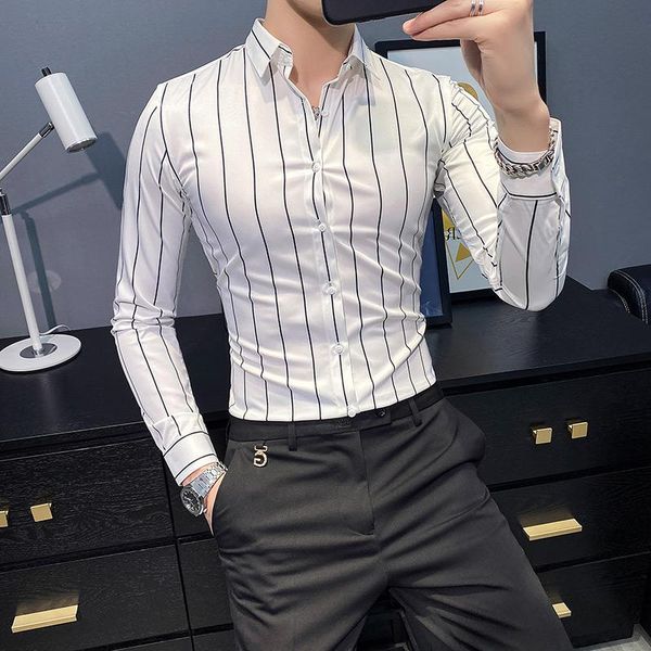 men's casual shirts spring and autumn fashion striped shirt, retro long-sleeve lapel button commercial street wear, White;black
men's casual shirts spring and autumn fashion striped shirt, retro long-sleeve lapel button commercial street wear, White;black