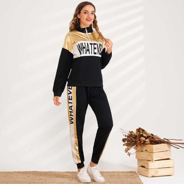 women's two piece pants spring autumn fashion sports metal color stitching letter printing loose casual suit oos2, White
women's two piece pants spring autumn fashion sports metal color stitching letter printing loose casual suit oos2, White