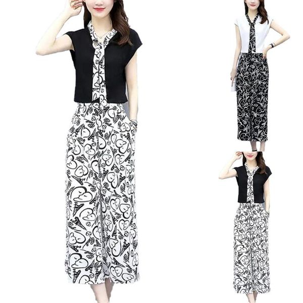women's two piece pants tank vest t-shirts printed wide leg outfit summer work elegant set, White
women's two piece pants tank vest t-shirts printed wide leg outfit summer work elegant set, White