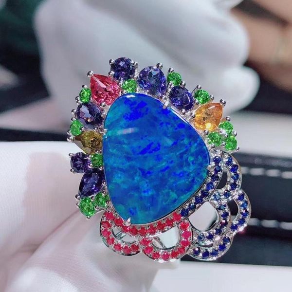 cluster rings h715 opal ring fine jewelry pure 18 k gold 100% natural 8.4ct gemstones diamonds female for women, Golden;silver