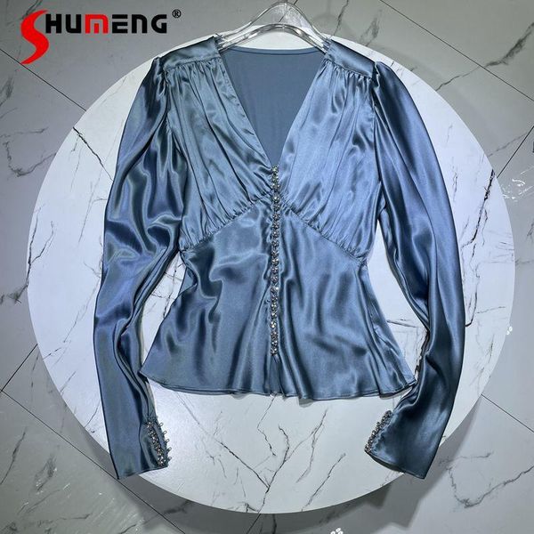 women's blouses & shirts 2021 spring summer ladies silk shirt women v-neck rhinestone buttons slim waist solid pleated graceful pullove, White
women's blouses & shirts 2021 spring summer ladies silk shirt women v-neck rhinestone buttons slim waist solid pleated graceful pullove, White