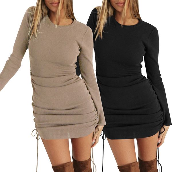 casual dresses women solid o neck long sleeve drawstring wrinkle bandage slim mini autumn winter lady wrap hip bodycon dress lj33, Black;gray
casual dresses women solid o neck long sleeve drawstring wrinkle bandage slim mini autumn winter lady wrap hip bodycon dress lj33, Black;gray