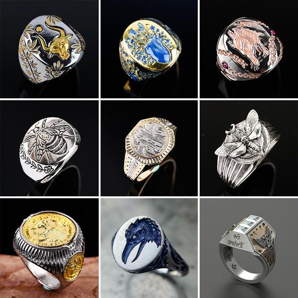 cluster rings punk chunky finger ring gold plated enamel flower for mens simple engraved signet gothic party vintage knight jewelry gift, Golden;silver 
cluster rings punk chunky finger ring gold plated enamel flower for mens simple engraved signet gothic party vintage knight jewelry gift, Golden;silver